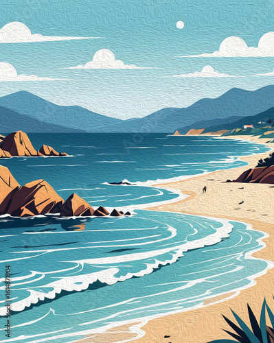 Landscape by the ocean. Oil paint. Pattern for printing on wall decorations