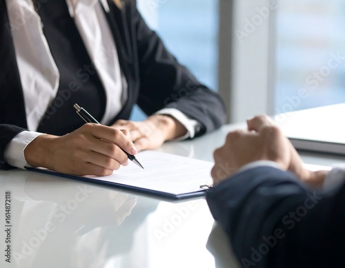 Close-up of a woman signing a document across a table from a man