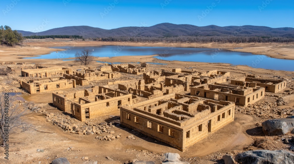 Obraz premium Abandoned buildings in a dry landscape with a lake in the background under a clear blue sky
