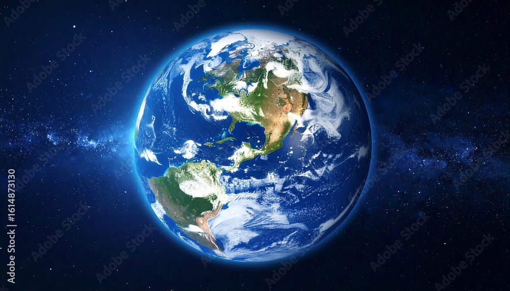 Obraz premium Earth viewed from space, showcasing continents and swirling clouds against a backdrop of stars and the Milky Way