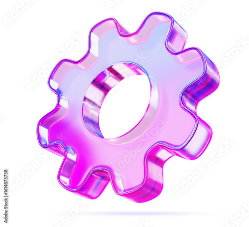 3d glass holographic gear icon with pink purple gradient render. Rainbow crystal cogwheel for settings interface. Technical support concept, ui element isolated on white background. 3D illustration