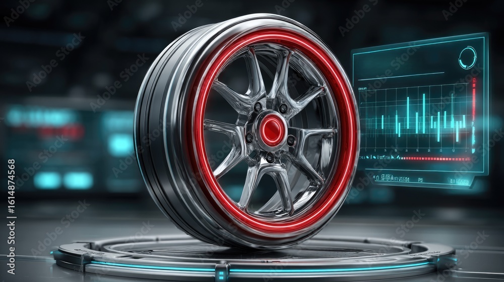 Obraz premium Highly Detailed Car Wheel with Futuristic Tech Interface and Illuminated Elements in a Modern Environment