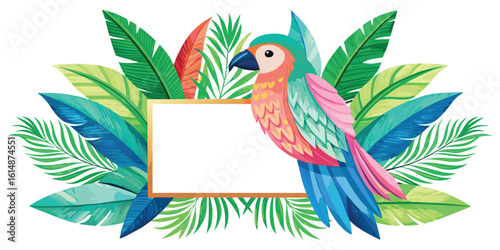 Tropical frame featuring a colorful bird perched among vibrant green leaves..eps