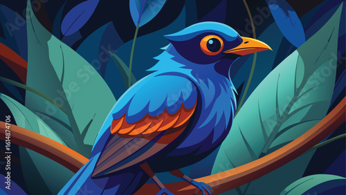 Vibrant blue bird perched amidst lush tropical foliage