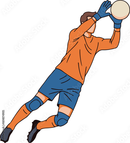 A stylized illustration of a soccer goalkeeper in an orange jersey and blue shorts, mid-air, catching a soccer ball with gloved hands