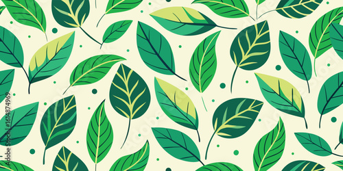 A design featuring green leaves scattered across a white background, evoking a sense of nature and tranquility..eps