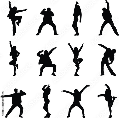 Twelve dancing figures in silhouette people poses