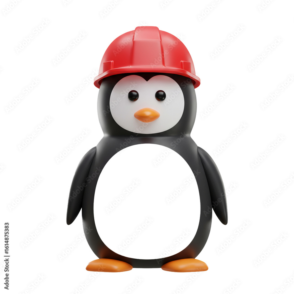 Naklejka premium A charming cartoon penguin wearing a protective red hard hat embodies construction work and safety in a whimsical illustration.