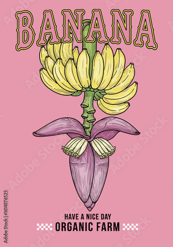 Retro Banana Poster with Vintage Typography and Grunge Texture on Peach Background