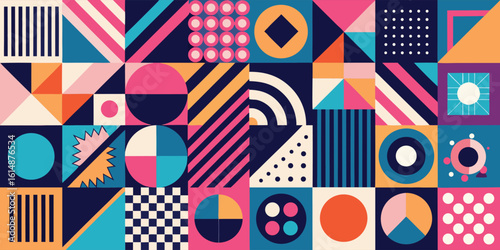 graphic featuring various geometric shapes in an array of colors and patterns..eps
