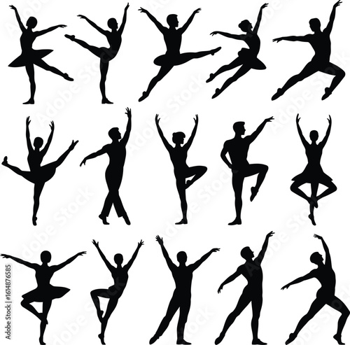 Ballet dancers performing graceful poses silhouettes