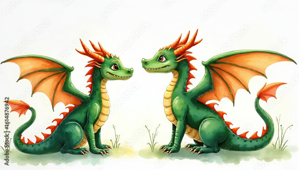 Obraz premium Two friendly green watercolor dragons with orange wings, horns sit facing on light background. Illustration captures mythical creatures in whimsical, charming style. Perfect for children books,