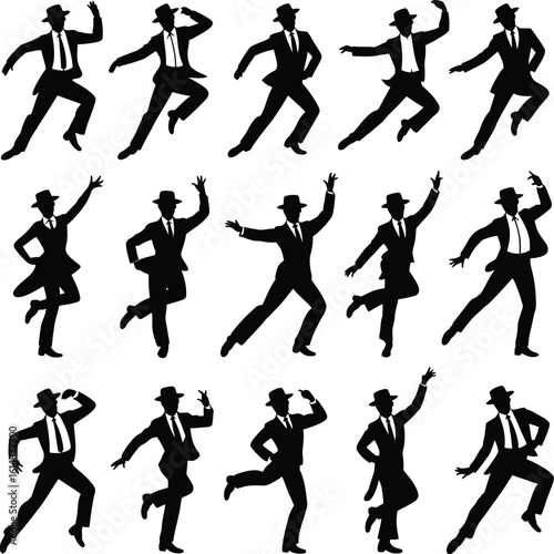 Dapper gentlemen dancing in various poses silhouette