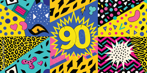 Colorful 90s seamless pattern pack featuring retro designs and vibrant shapes ideal for various creative projects..eps