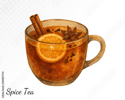 Watercolor spiced tea with orange slice and cinnamon sticks in transparent glass mug, aromatic winter drink with herbs and cloves. Vector illustration.