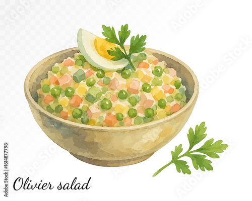 Watercolor traditional Olivier salad with egg and parsley in a ceramic bowl. Popular festive Russian dish with peas, carrots, and potatoes. Vector illustration.
