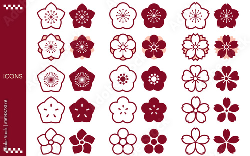 桃・梅・桜　春の花　シンプルなアイコンセット（ベクター）