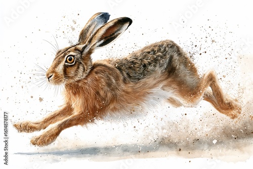 Watercolor illustration of a brown hare in full sprint kicking up dust with detailed fur and dynamic motion