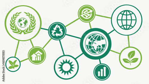 Green network of connected environmental and sustainability icons representing global awareness and action