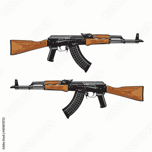 AK-47 Rifle Illustration: Two AK-47 rifles, showcasing the iconic design with wooden parts and detailed construction.