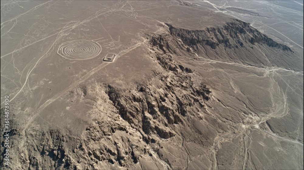 Fototapeta premium Aerial View of Arid Landscape Featuring Geological Formations and Ancient Earthworks in Remote Region