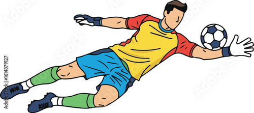 A stylized illustration of a soccer goalkeeper in mid-air, diving to save a soccer ball
