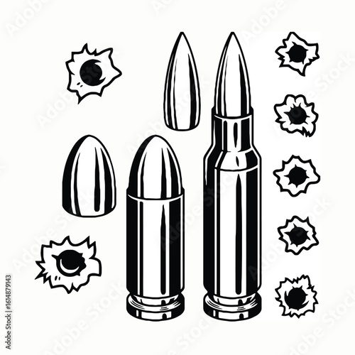 Bullet and Gunshot : A graphic black-and-white illustration showcases bullet casings and impact holes, a striking visual element. The depiction of these dangerous items symbolizes themes of risk.