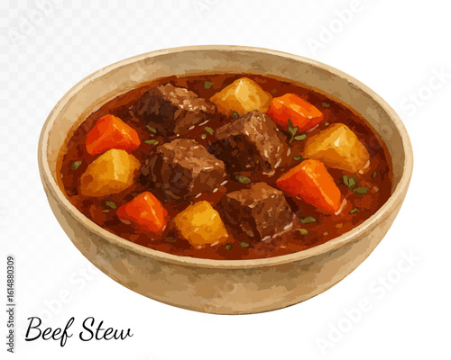 Watercolor beef stew with vegetables in a brown bowl, traditional hearty meat dish with carrots and potatoes, hand-painted food clipart. Vector illustration.