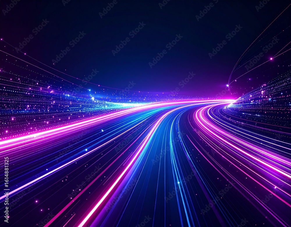 Fototapeta premium Dark tech background with glowing data streams in purple and pink neon, abstract cyberpunk aesthetic, holographic particles, digital network visualization