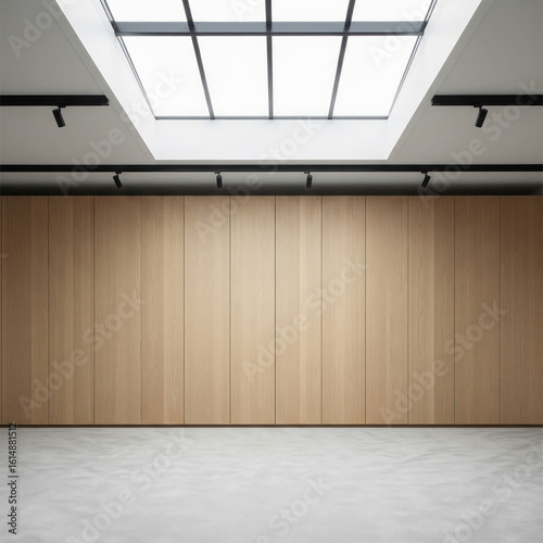 Modern empty room with skylight and wooden wall paneling for interior design, architecture, or commercial space use