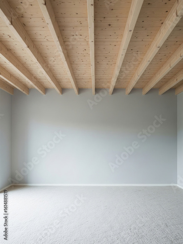 Empty room with wooden ceiling beams and neutral walls, versatile interior space for home or office use