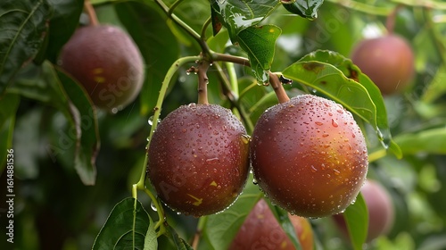A passion fruit tree with ripe passion fruits