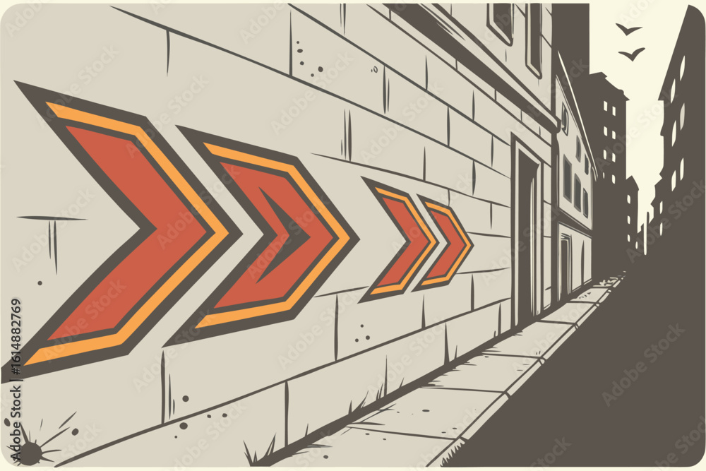 Three red arrows with yellow borders painted on a brick wall in a city street perspective view scene