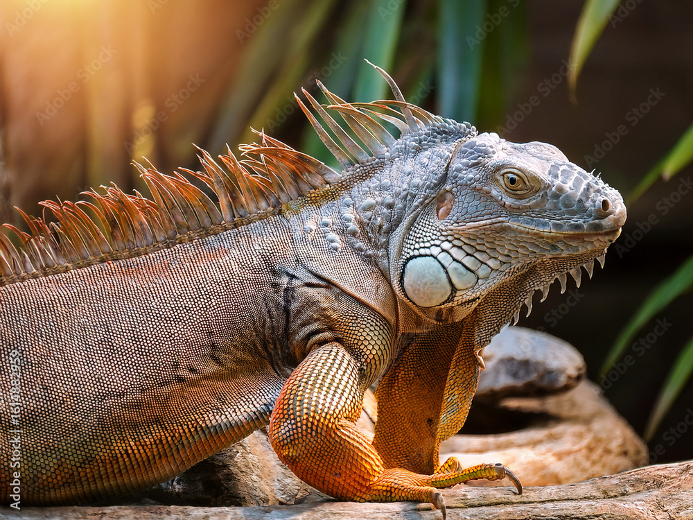 Fototapeta premium Detailed view of green iguana’s face and spines in lush tropical surroundings. Iguana resting peacefully on branch with vibrant green tones and natural light.