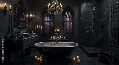 Elegant gothic bathroom oasis with clawfoot tub, candles, and ornate mirror creates a luxurious escape.