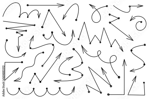 A set of vector arrows. The image includes various shapes and directions of arrows drawn in black lines on a white background, in a simple, graphic style.