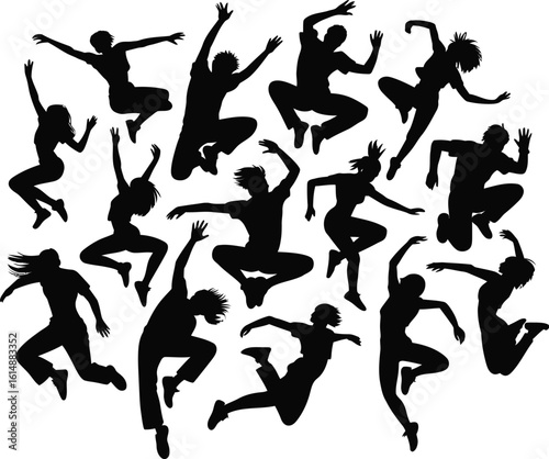 Silhouettes of people jumping and dancing action
