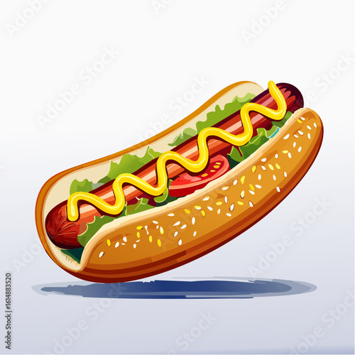 Appétissant Hot Dog, chien chaud, sandwich, saucisse, salade, tomate, moutarde, arrière plan blanc uni