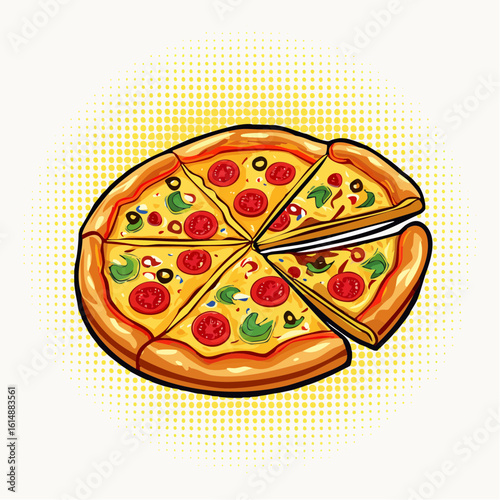 Pizza découpée en parts, illustration appétissante, tomates