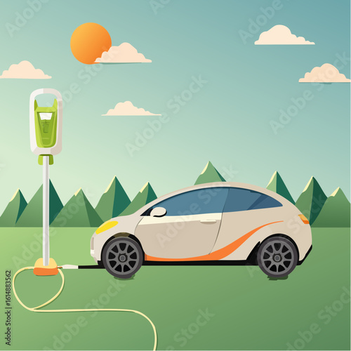 Voiture électrique en train de recharger sa batterie, nature, extérieur, borne de recharge