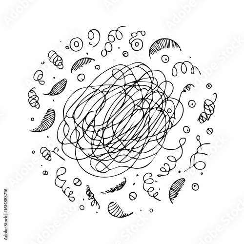 Formes abstraites au feutre noir sur fond blanc,  spirales, courbes,  dessin, artistique, original 