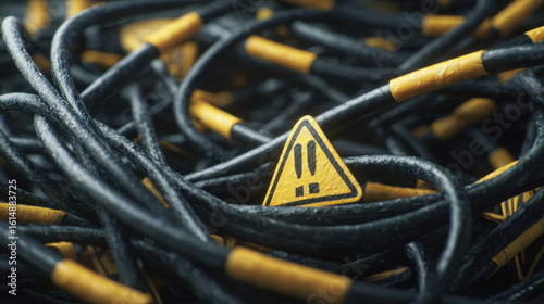 Cables tangled with warning signs create sense of caution and alertness