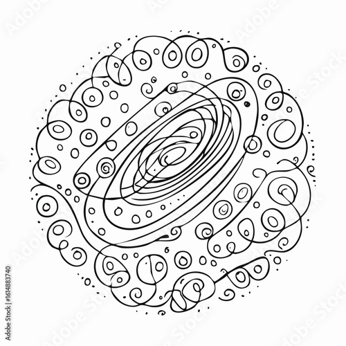 Formes abstraites au feutre noir sur fond blanc,  spirales, courbes,  dessin, artistique, original 