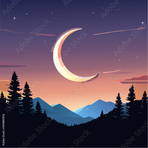 Joli croissant de lune dans le ciel la nuit, nature, vallée, sapins