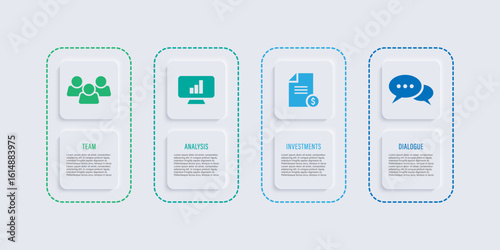 Neumorphism four elements infographics with business icons. Infographic layout for presentation slides