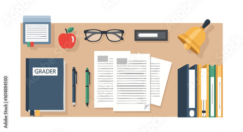 Office desk top view with stationery supplies and documents