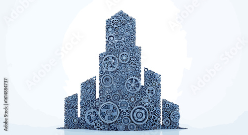 Conceptual illustration of a city skyline constructed from gears and mechanical components