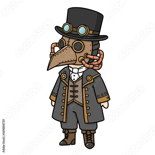 Flat cute illustration of steampunk doctor, wearing plague mask, perfect for game character