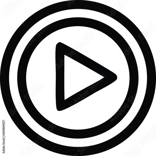 A classic black and white circular icon featuring a prominent white triangle pointing to the right symbolizing play or start functionality