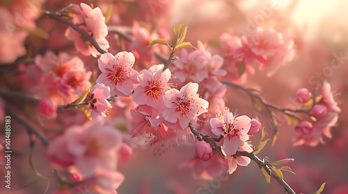 A peach tree in full bloom with ripe peaches